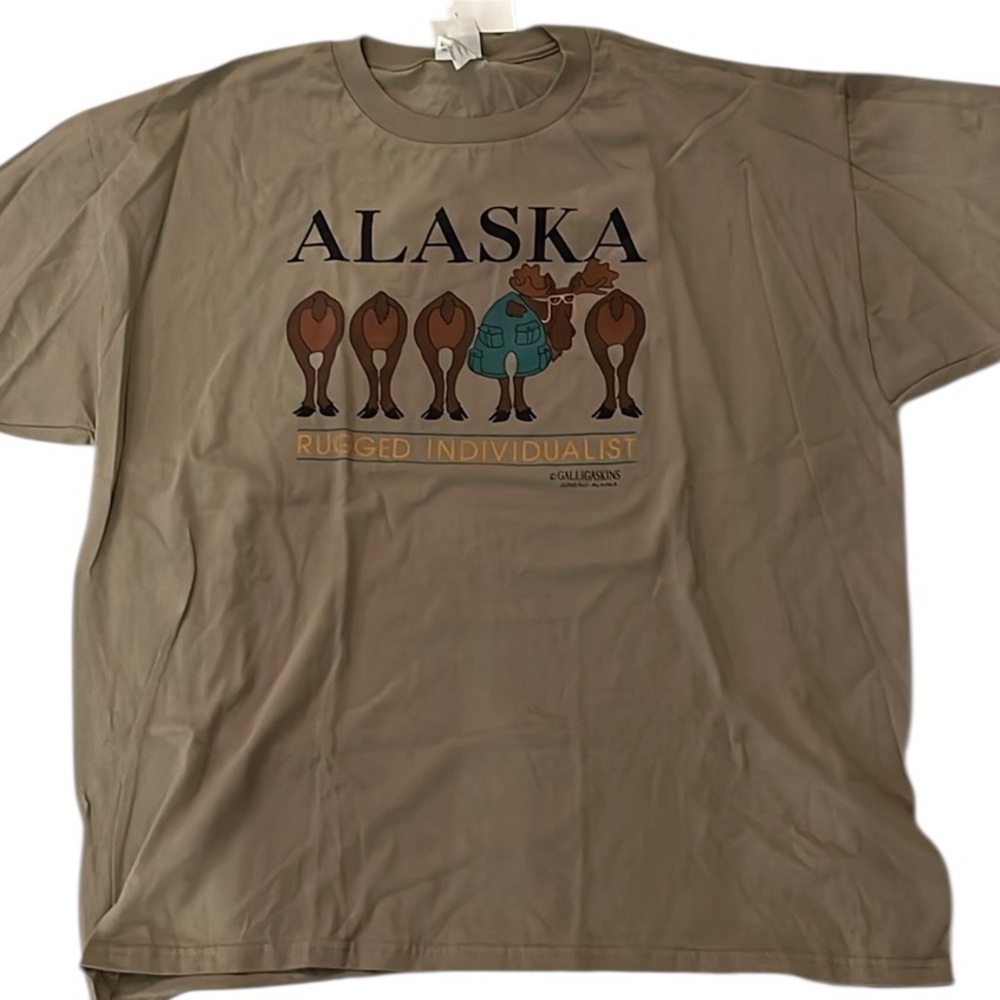 Galligaskins Men’s Alaska Moose Khaki Short Sleeve T-Shirt XXL NWT